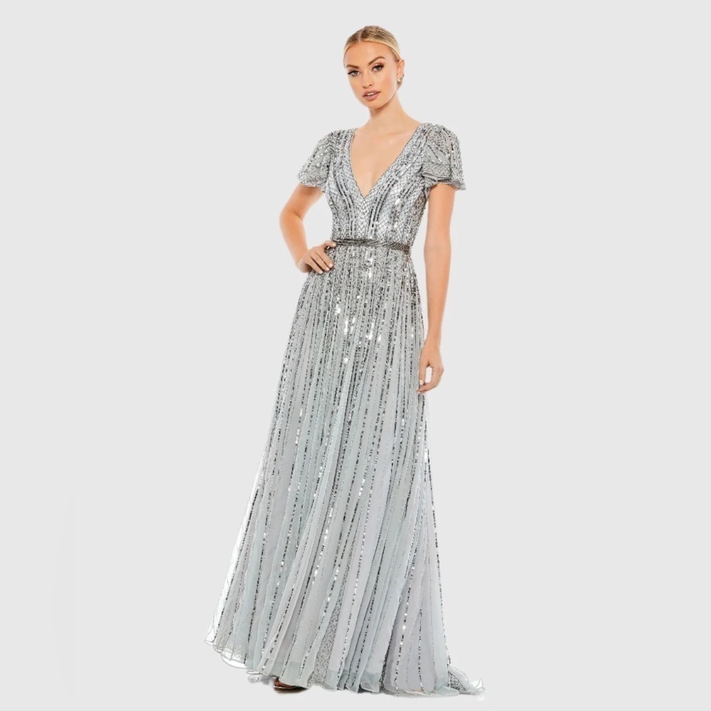 Mac Duggal 5444 NWT Flutter Sleeve Embellished Plunge Neck A Line Gown
